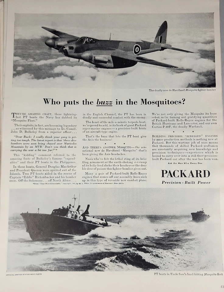 Anuncio impreso vintage de automóvil Packard 1943 Segunda Guerra Mundial Segunda Guerra Mundial bombardero efímero Foto 1 de 1