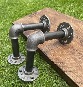 Pair of Industrial Shelf Brackets Black Iron Pipe 10cm X 10cm L - Picture 1 of 6
