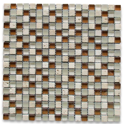 A22003 Glass Mosaic Tile White Brown Glass Beige Travertine 5/8" Backsplashes - Image 1 of 4