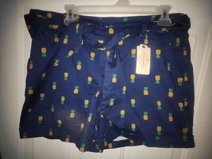 St Johns Bay Pineapple Print Shorts Size 12 Blue 5" Inseam Belted Tie Waist New - Picture 1 of 6