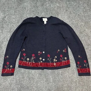 Victoria Jones Sweater Womens Medium Blue Floral Embroider Cardigan Button Down - Picture 1 of 12