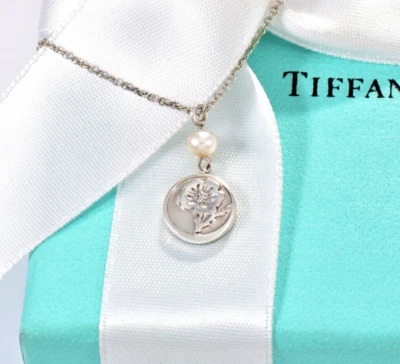 Tiffany & Co Sterling Silver Pearl Rose Flower Drop Pendant Necklace & Box Pouch - Image 1 of 4