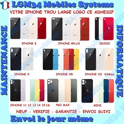 Vitre Arrière iPhone 8 X XS XR 11 12 13 14 15 16 Pro Max Plus Mini Logo Big Hole