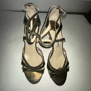 Jimmy Choo Metallic Gold Shimmering Leather Ankle Strap Sandals Heels Size 38.5 - Picture 1 of 11