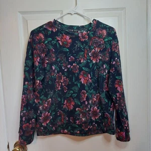 Timing Red Green Floral Fleece Pullover Crewneck Sweater Cozy Soft Size S - Picture 1 of 10