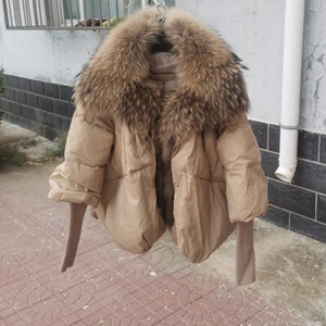Womens Winter Real Raccoon Fox Fur Collar Down Puffer Jacket Short Coat New S-XL - Picture 1 of 27