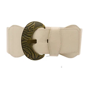 Women Ivory Elastic Safari Style Cruise Belt Big Antique Gold Metal Buckle S M - Picture 1 of 16