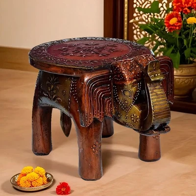 Handcrafted Wooden Showpiece Elephant  Stool Hand Painted Finish Decorative Room - Image 1 of 4