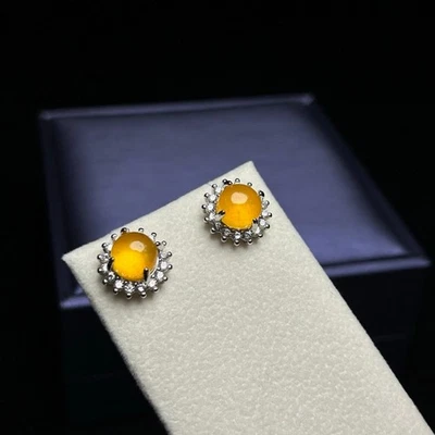 Natural Yellow Jadeite Stud Earrings Diamond Halo Sterling Silver - Image 1 of 4