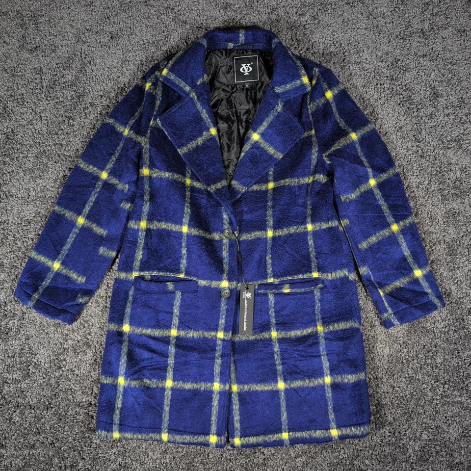 YOKI Plaid Shacket Women's M Blue Yellow Polyester Lined Pea Coat NWT - Image 1 of 4