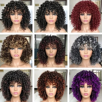 Curly Afro Wig with Bangs Short Kinky Curly Wigs for Black Women Black Hair New - Image 1 of 4