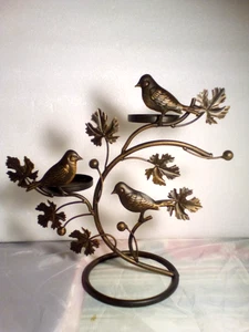 Vogel auf Bronze Metall Zweige Blätter Stumpen Kerzenhalter - Bild 1 von 2
