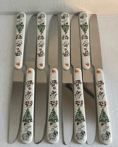 Vtg International Country Christmas Stainless Flatware - 8 Dinner Knives Knife - Picture 1 of 5