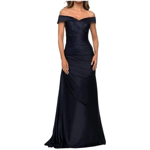NWOT La Femme Off The Shoulder Pleated Satin Navy Formal Gown 14 - Picture 1 of 9