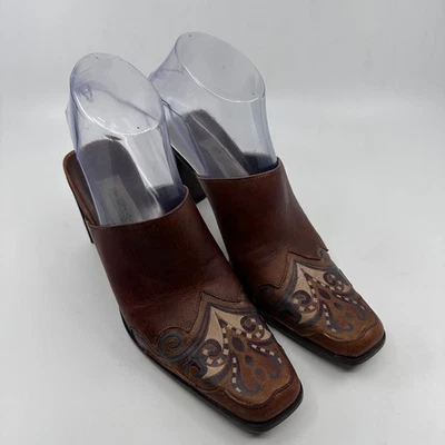 Matisse Paisley Square Toe Slide On High Heels Womens 6M Brown Leather Mules - Image 1 of 4