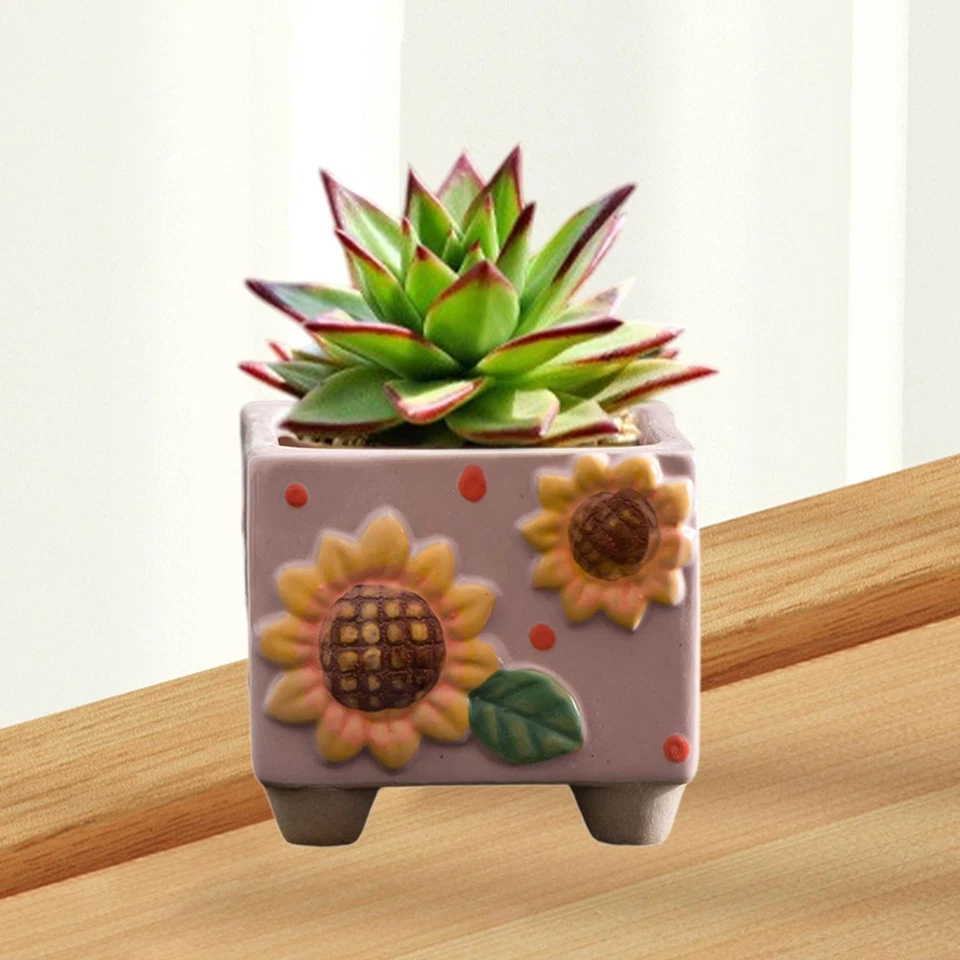 Ceramic Sunflower Planter Decorative Plant Pot Artwork Small Square Flower Pot - Image 1 of 1