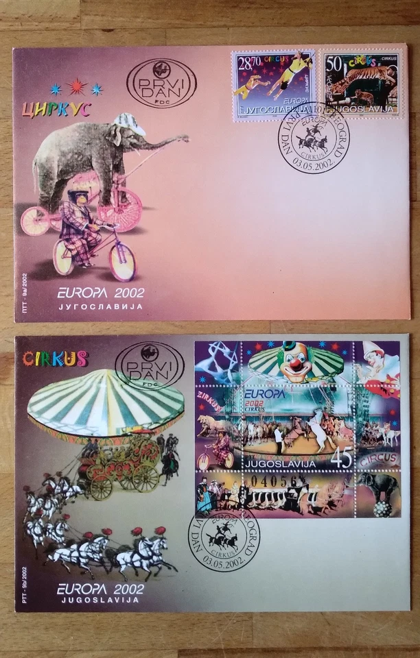 Circus Briefmarken Europa CEPT 2002,  2 Ersttagsbriefe Jugoslawien - Bild 1 von 1