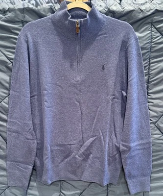 Men's Polo Ralph Lauren Mesh Knit Cotton 1/4 Zip Sweater-MED-Heather Blue-NWT - Image 1 of 3