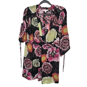 Cabi Multicolor Floral Print Tunic Women's Size M Tie Sleeve Sheer Black Pink - Picture 1 of 11