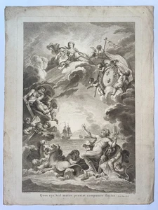 FRONTESPIZIO 1775 NETTUNO ORIENTALE MOLTO GRANDE ANTICO PIATTO INCISO - Foto 1 di 6