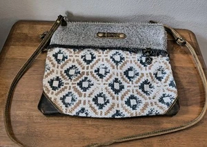 Myra Western Cowgirl Cowhide Canvas Cotton & Leather Crossbody Bag Purse - Picture 1 of 4