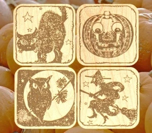 (Lot of 4) Vintage Halloween Drink Coasters - US Made Wood Beverage Coaster Set - Picture 1 of 3