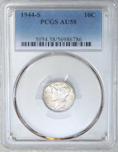 1944 S Mercury Dime PCGS AU58 Bright Frosty Luster appena classificato nuovo supporto #V65 - Foto 1 di 2
