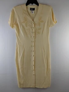 Vintage Dawn Joy 4 Petite Light Yellow Tooled Dress Belted Buttons Shoulder Pads - Picture 1 of 11