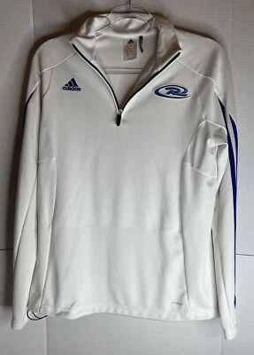 Women's Adidas White w/Blue Stripe, Zip Front, Long Sleeve, Jacket SZ L  Golf, R Foto 1 de 4