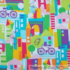 BonEful Fabric FQ Cotton Quilt VTG Pink Blue Rainbow Bike Beach House Kid Disney - Picture 1 of 14