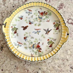 Rudolstadt Germany Cake Plate Yellow Iridescent Band & Exotic Birds Handled - Picture 1 of 5