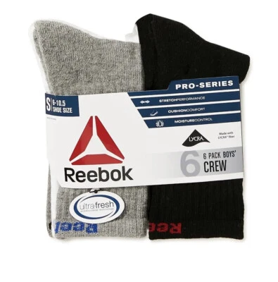 Reebok Boys Crew Socks Pro-Series 6 Pair Size Small 6-10.5 Black, White, Gray - Image 1 of 4