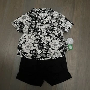 NWT Baby Gap boy 2-piece SPRING SUMMER black white linen floral shorts SET 0 3 6 - Picture 1 of 6