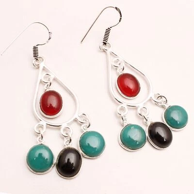 Orecchini Pendenti Fatti A Mano In Gemma Di Onice Verde 2.76" EE-033 - Immagine 1 di 4