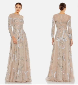 Vestido de Noche Mac Duggal Manga Larga Embellecido Ilusión Desnudo 14 - Imagen 1 de 7