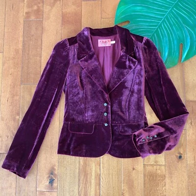 Blazer Juicy Couture 0 2 Púrpura Terciopelo Seda Recortado Estrás Borgoña RARO Foto 1 de 4