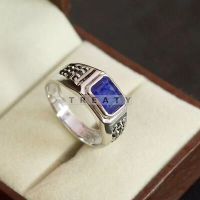 Piedras preciosas de zafiro azul talla esmeralda con anillo de plata de ley 925 para hombre #B732 Foto 1 de 4