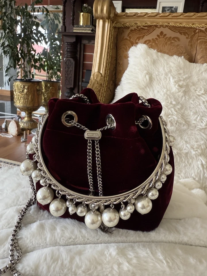 JIMMY CHOO бархата ведро сумка бисером цепочка ремень шнурка Bon Bon жемчуг красный - Изображение 1 из 4