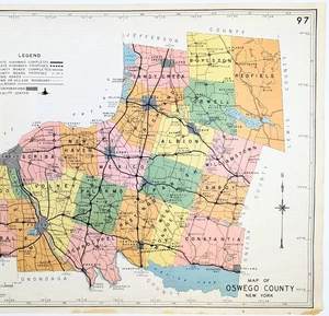 1941  OSWEGO County NEW YORK Map ORIGINAL (20x16) RAILROADS  TOWNSHIPS  - Picture 1 of 3