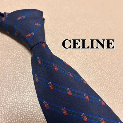 Celine Macadam Triomphe Stripe Dot Check Navy Silk Tie Used - Image 1 of 4