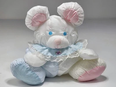 Vintage Fisher Price PUFFALUMP MOUSE White Blue Pink Plush Rattle Baby Toy - Image 1 of 4