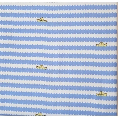 Lisette Boats Fabric 2011 Fabric Traditions 29x44 Blue Waves Yellow Paper Ships - Image 1 of 4
