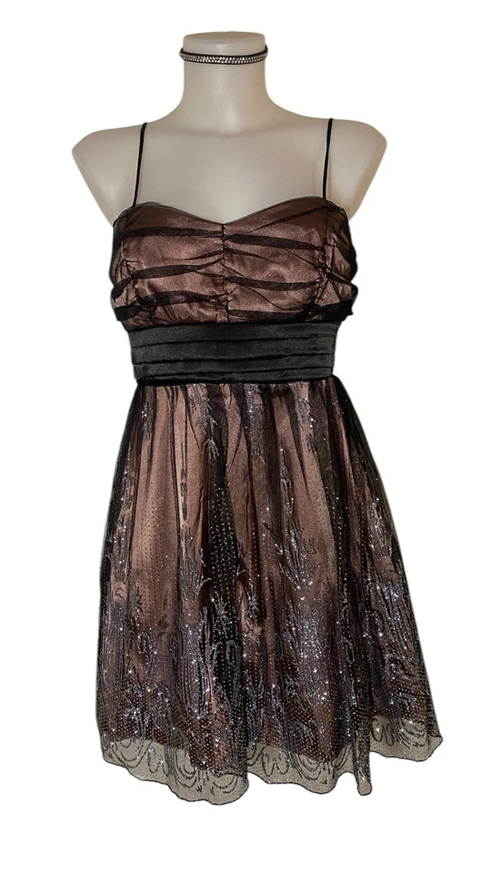 Y2k Womens Black Nude Babydoll Mesh Glitter Steampunk Grunge Emo Prom Dress Sz 7 - Image 1 of 4
