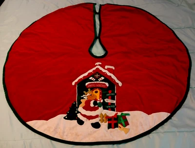 Falda Árbol de Navidad Pesada Vintage Terciopelo Rojo Oscuro con Borde Verde Forrada con 2 Corbatas Foto 1 de 4