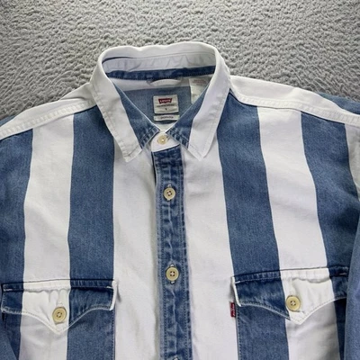Levis Shirt Mens Small Oversized Blue White Striped Barstow Denim Western Button - Image 1 of 4