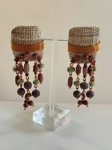 Boho Earrings VTG Wood Copper Pierced Rare Chunky Waterfall Dangle Statement Big - Picture 1 of 8
