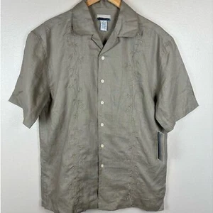 NWT Breakwater Men's Embroidered Linen Button Down Shirt Khaki Size Small - Picture 1 of 4