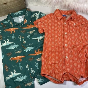 Lot of Boys 18 / 24 Month One Piece Collard Shortall Rompers Orange Linen Dinos - Picture 1 of 11
