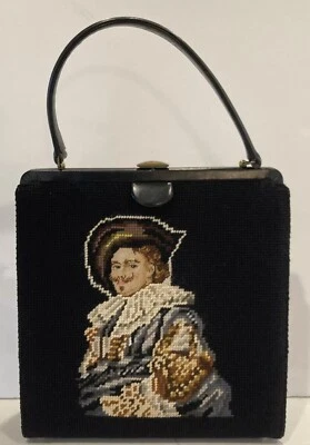 The Laughing Cavalier Needlepoint Handbag Black Frans Hals Purse Leather? Excell - Image 1 of 4