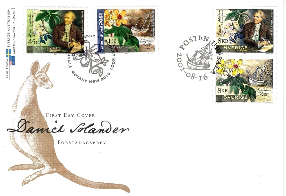 SWEDEN & AUSTRALIA JOINT ISSUE FDC  BOAT FLOWERS SOLANDER 2001 ISSUE - Image 1 of 1